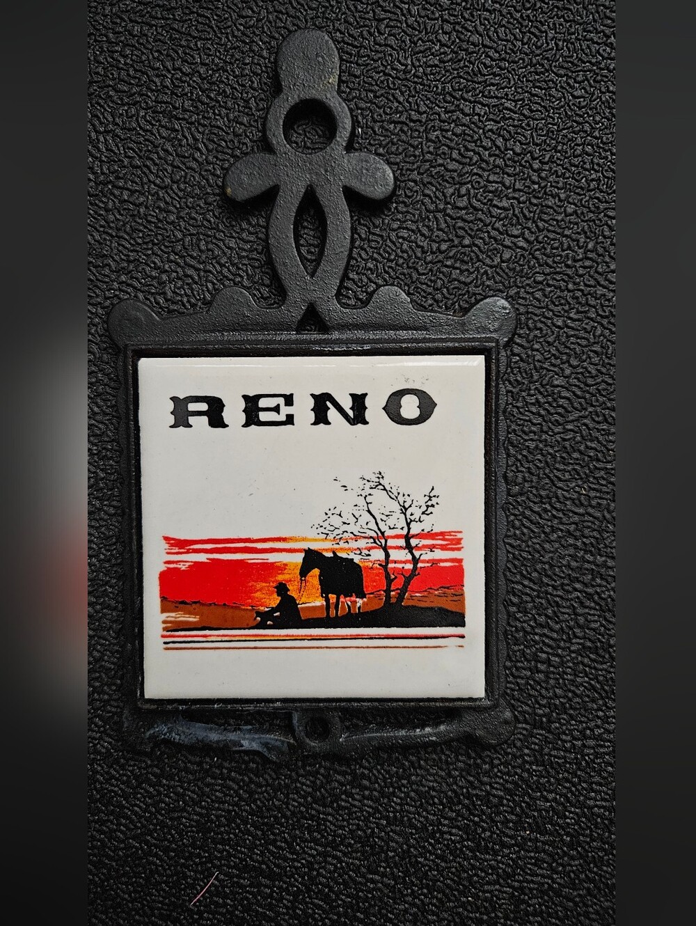 Vintage Reno Ceramic Tile Wall Plaque - Sunset Cowboy Scene